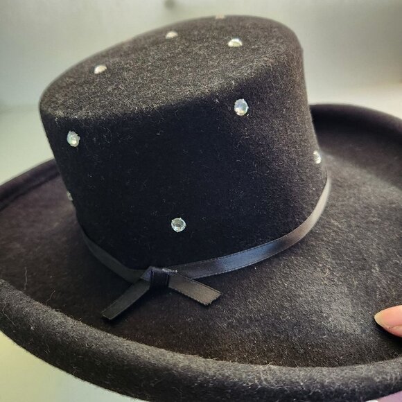 Vintage Bollman Hat Co Wool Doeskin Felt Rhinestone Studded Black Hat - Picture 2 of 5